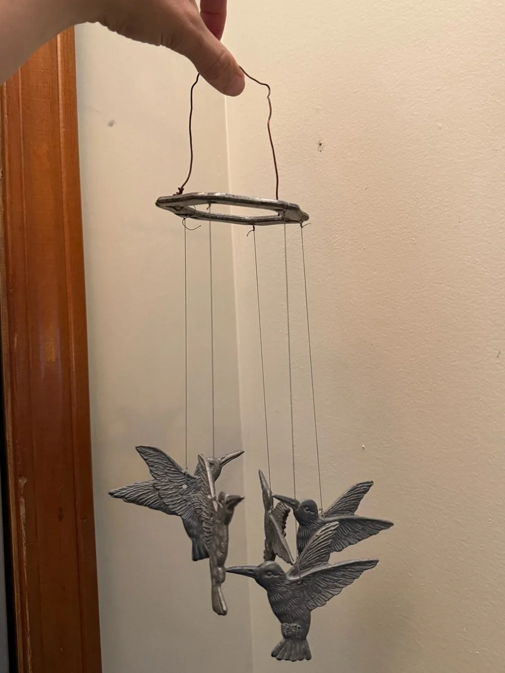 Vintage Pewter Hummingbird Wind Chime Mobile – Silver Tone